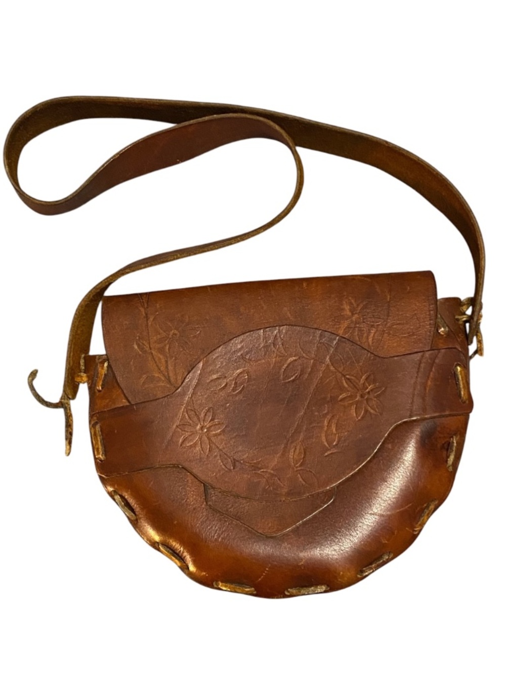 Vintage 70s Brown Leather Boho/hippie Saddlebag. Handmade with floral embossment